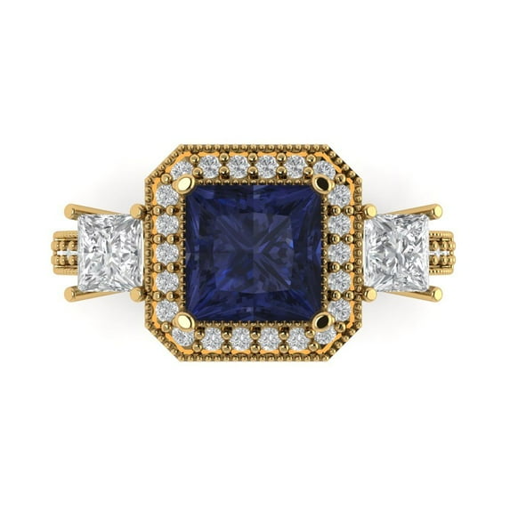 3.005 ctw 3 Stone Anniversary Ring for Women | Princess Cut Simulated Blue Sapphire | Hyperallergenic Solid 18K Yellow Gold