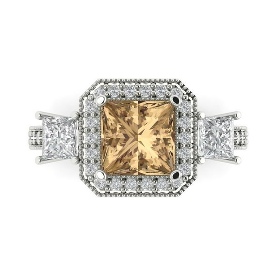 3.005 ct Princess Cut Simulated Champagne Diamond 3 Stone 18K White Gold Womens Engagement Ring