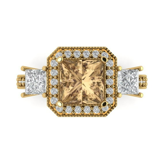 3.005 ct Princess Cut Simulated Champagne Diamond Three-Stone Engagement Ring for Women in 18K Yellow Gold