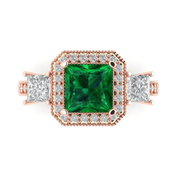 3.005 ctw 3 Stone Anniversary Ring for Women | Princess Cut Simulated Emerald | Hyperallergenic Solid 18K Rose Gold