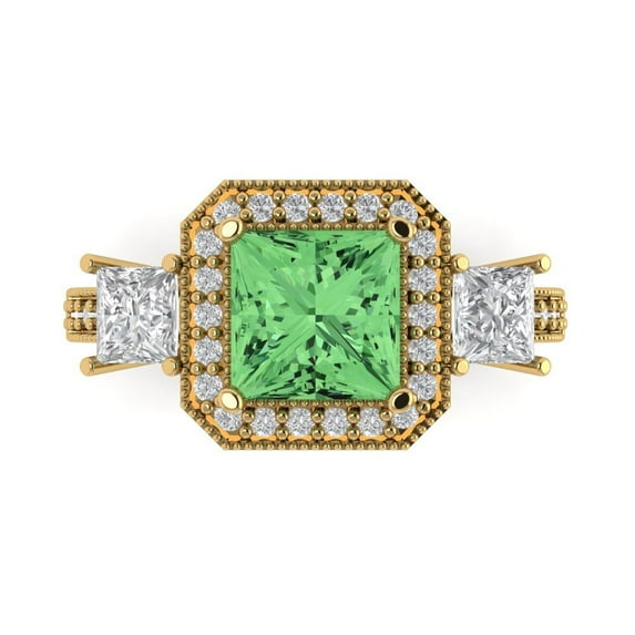 3.005 ct Princess Cut Simulated Green Diamond 3 Stone 14K Yellow Gold Womens Engagement Ring