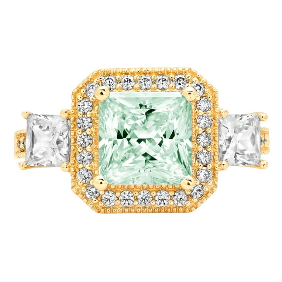 3.005 ct Princess Cut Simulated Green Diamond 3 Stone 18K Yellow Gold Womens Engagement Ring