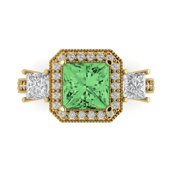 3.005 ct Princess Cut Simulated Green Diamond Three-Stone Engagement Ring for Women in 18K Yellow Gold