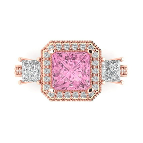 3.005 ctw 3 Stone Anniversary Ring for Women | Princess Cut Simulated Pink Diamond | Hyperallergenic Solid 14K Rose Gold