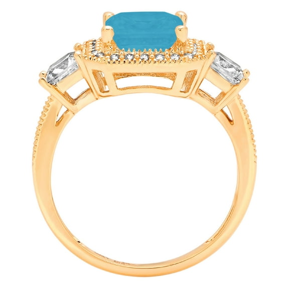 3.005 ct Princess Cut Simulated Turquoise Three-Stone Engagement Ring for Women in 18K Yellow Gold