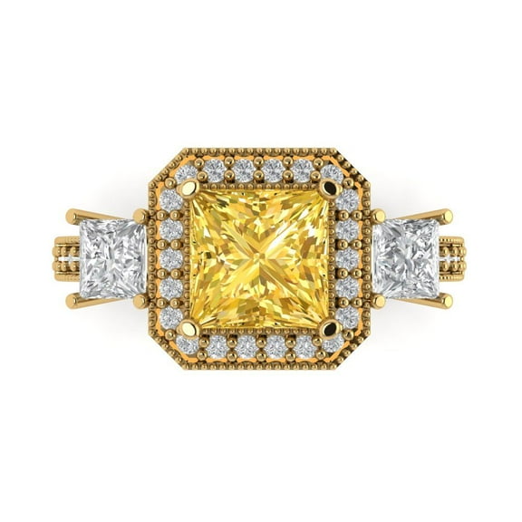 3.005 ctw 3 Stone Anniversary Ring for Women | Princess Cut Simulated Yellow Diamond | Hyperallergenic Solid 14K Yellow Gold