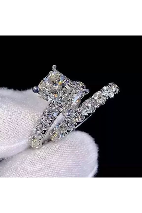 3.00CT Radiant Cut Simulated Diamond Women Bridal Set Engagement Ring in 14K White Gold Plated 925 Silver