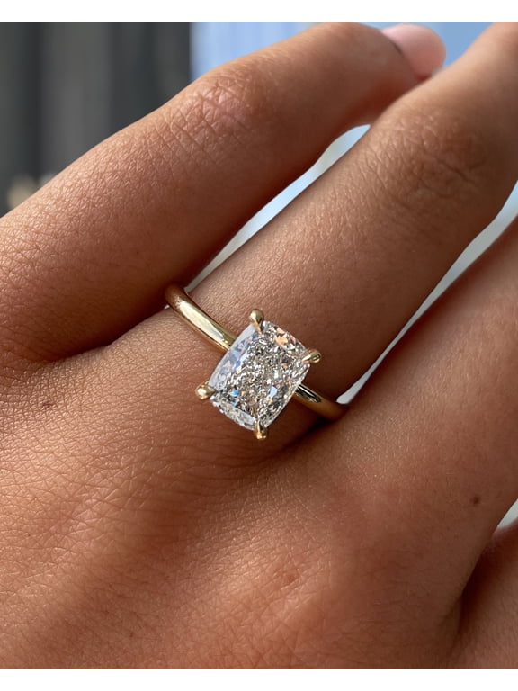 3.00Ct Elongated Cushion Cut Lab-Grown Diamond Engagement Ring, Hidden Halo, 10K Yellow Gold