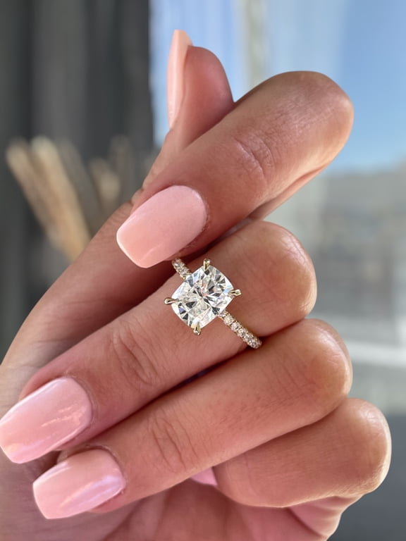 3.00Ct Elongated Cushion Cut Lab-Grown Diamond Engagement Ring, Hidden Halo & Pavé, 10K Yellow Gold