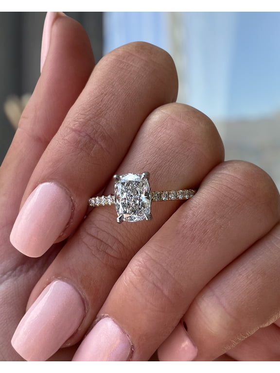 3.00Ct Elongated Cushion Cut Lab-Grown Diamond Engagement Ring, Hidden Halo & Pavé, 14K Yellow Gold