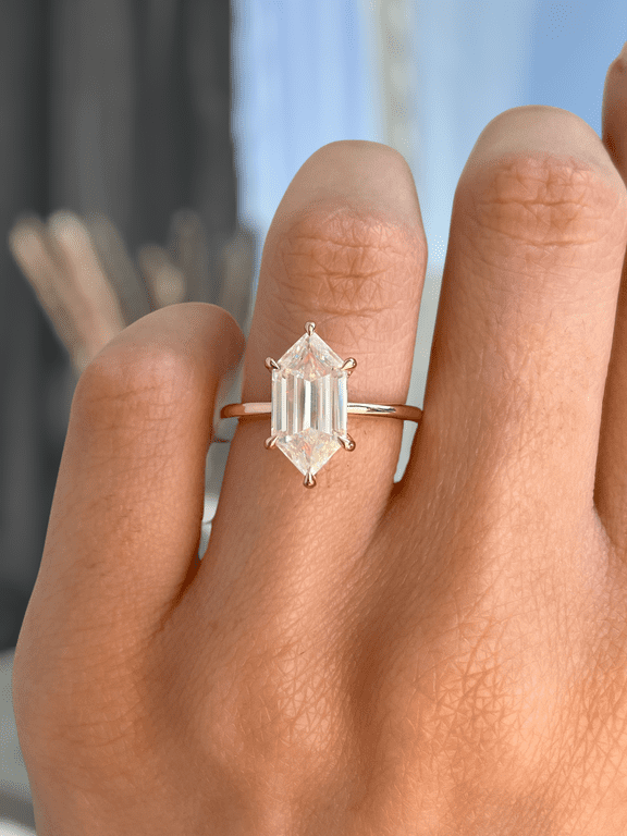 3.00Ct Elongated Hexagon Cut Lab-grown diamond Solitaire Engagement Ring, Hidden Halo, 10K Rose Gold