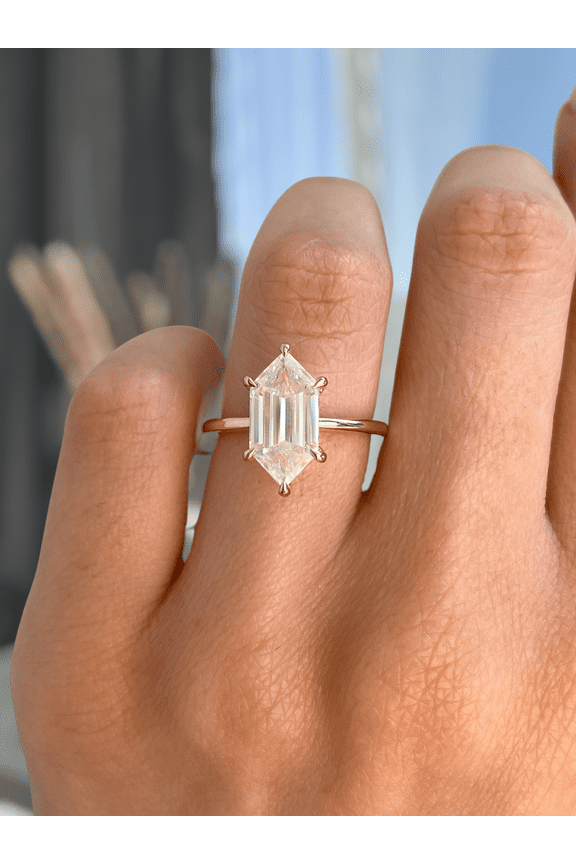 3.00Ct Elongated Hexagon Cut Moissanite Solitaire Engagement Ring, Hidden Halo, 10K Rose Gold
