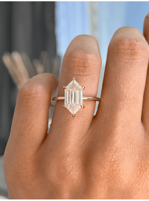 3.00Ct Elongated Hexagon Cut Moissanite Solitaire Engagement Ring, Hidden Halo, 14K Rose Gold