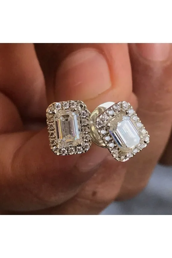 3.00Ct Emerald Cut Simulated Diamond Halo Women's Engagement Push Back Halo Stud Earrings 14K White Gold Plated 925 Silver