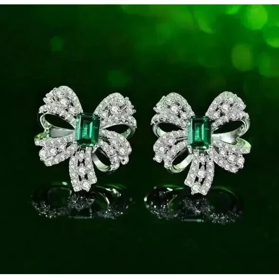 3.00Ct Emerald Cut Simulated Green Emerald & Diamond Engagement Flower Stud Earrings 14K White Gold Plated 925 Silver