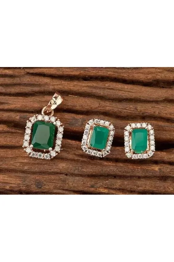 3.00Ct Emerald Cut Simulated Green Emerald Halo Women's Pendant & Stud Earrings Wedding Jewelry Set 14k Yellow Gold Plated 925 Silver