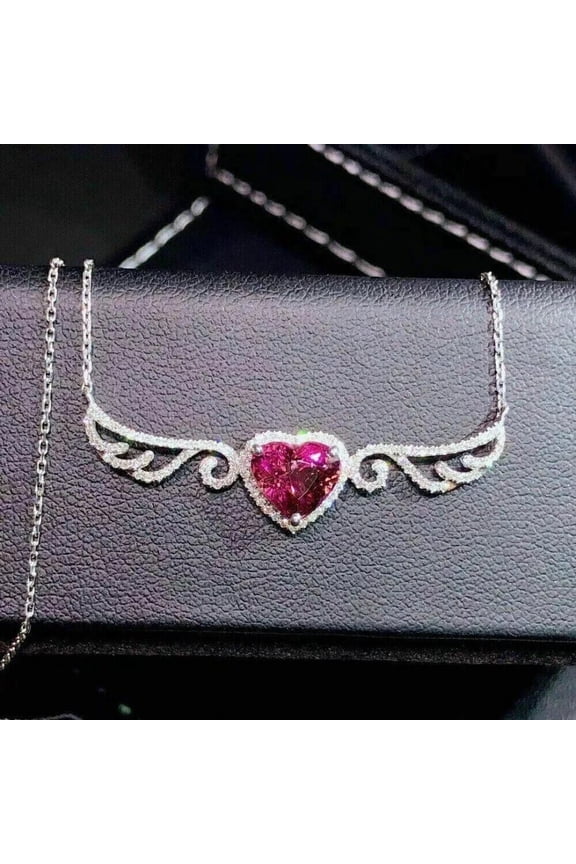 3.00Ct Heart Cut Lab Created Ruby Diamond Pendant Necklace 14K White Gold Plated