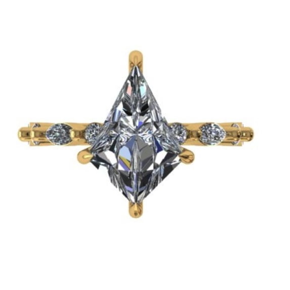 3.00Ct Kite Cut Lab Grown Diamond Solitaire Engagement Ring, Round & Marquise Accents, 10K Yellow Gold