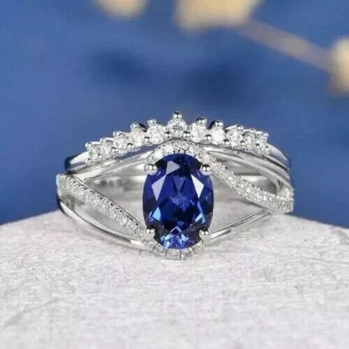 3.00Ct Oval Cut Simulated Blue Sapphire Women's Wedding Bridal Set Ring 14k White Gold Plated Silver