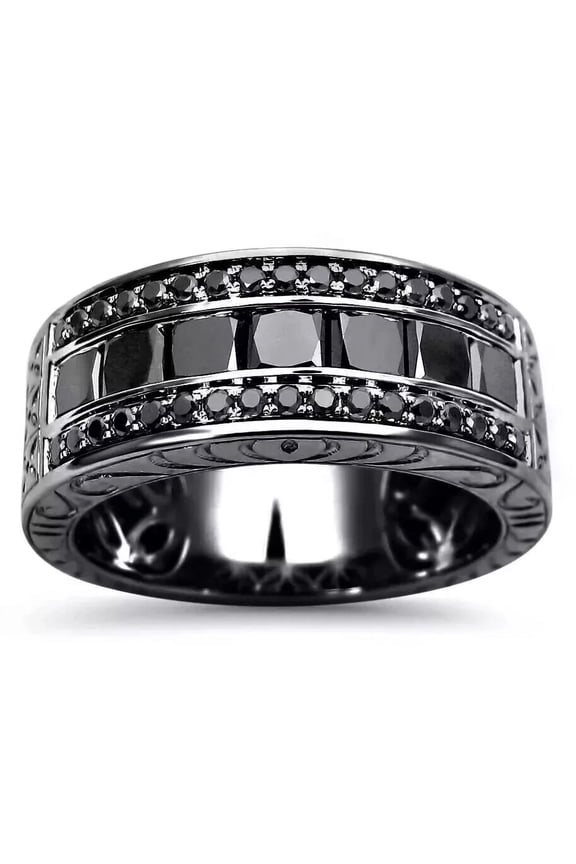 3.00Ct Princess Cut Simulated Black Diamond Half Men's Wedding Band Ring 14K Black Gold Plated 925 Sterling Silver For Him