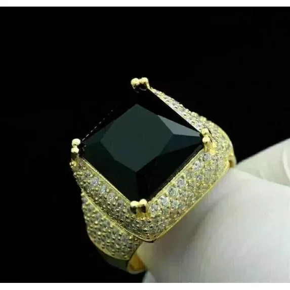 3.00Ct Princess Cut Simulated Black Diamond Pinky Men's Cluster Wedding Ring 14K Yellow Gold Plated 925 Sterling Silver