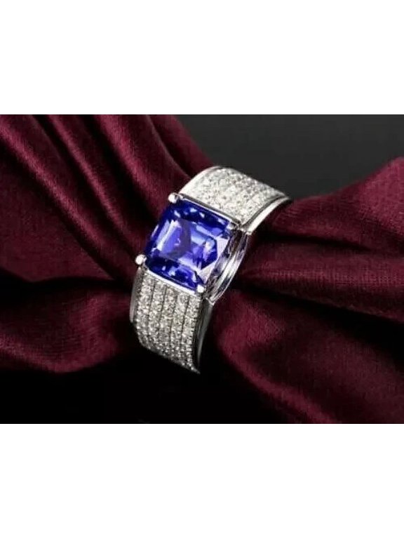 3.00Ct Princess Cut Simulated Blue Tanzanite Wedding Band Cluster Men's Ring 14k White Gold Plated 925 Sterling Silver
