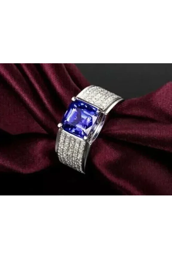 3.00Ct Princess Cut Simulated Blue Tanzanite Wedding Band Cluster Men's Ring 14k White Gold Plated 925 Sterling Silver