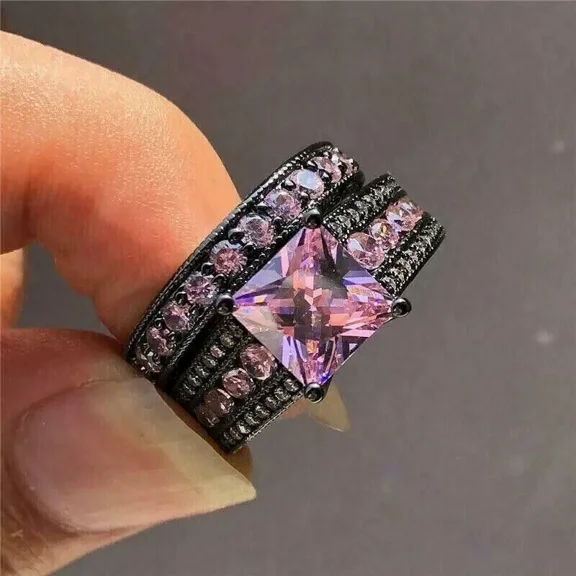 3.00Ct Princess Cut Simulated Pink Sapphire Wedding Women's Bridal Ring Set 14k Black Gold Plated 925 Sterling Silver