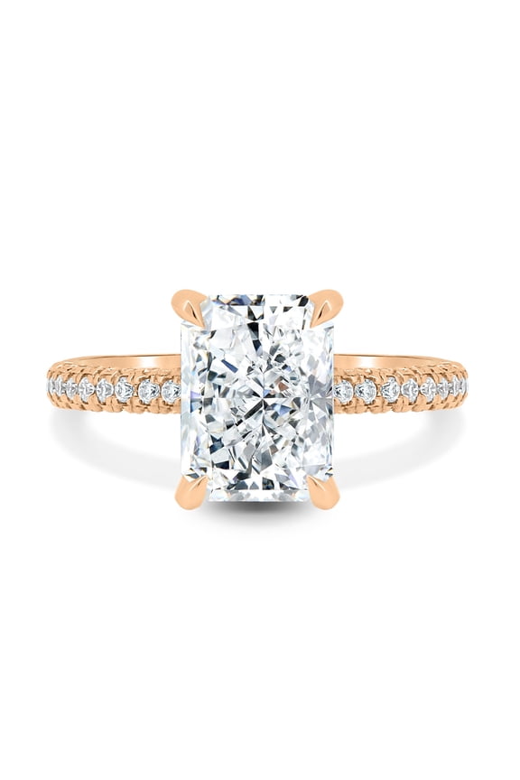 3.00Ct Radiant Lab Grown Diamond Solitaire Ring, Hidden Halo & Triple Pavé, 14K Rose Gold, US 5