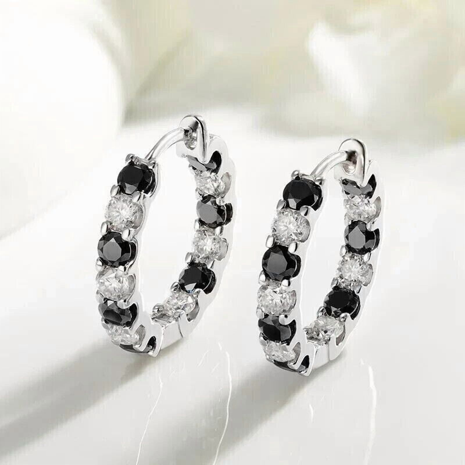 3.00Ct Round Cut Lab Created Black & White Diamond Engagement Women's Hoop Earrings 14K White Gold Plated Silver