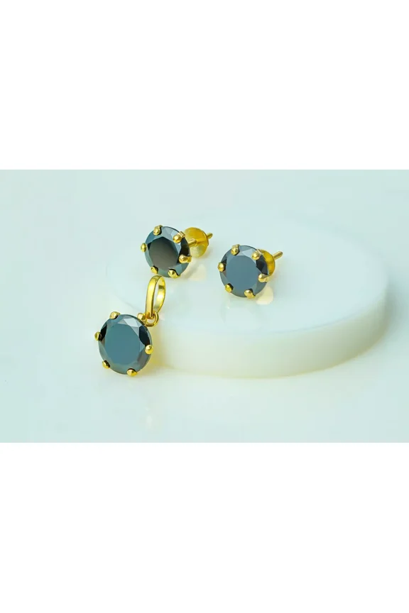 3.00Ct Round Cut Simulated Black Diamond Solitaire Women's Pendant & Stud Earrings Wedding Jewelry Set 14k Yellow Gold Plated 925 Silver