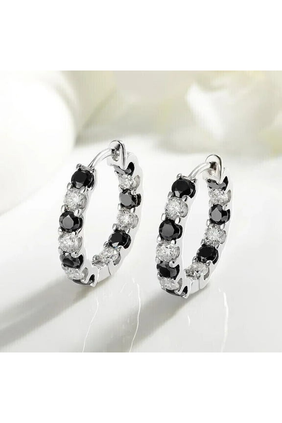 3.00Ct Round Cut Simulated Black & White Diamond Engagement Women's Hoop Earrings 14K White Gold Plated Silver