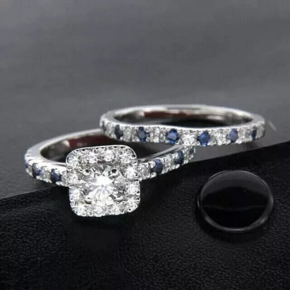 3.00Ct Round Cut Simulated Blue Sapphire & Diamond Women's Bridal Set Engagement Ring 14k White Gold Plated Silver