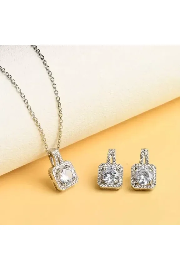 3.00Ct Round Cut Simulated Diamond Women's Engagement Pendant /Earrings Jewelry Set 14k White Gold Plated 925 Silver