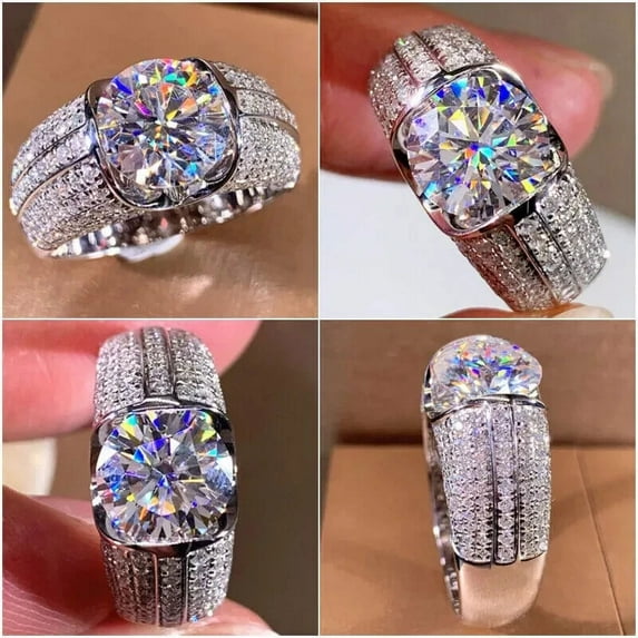 3.00Ct Round Cut Simulated White Diamond Cluster Mens Pinky Wedding Ring 14K White Gold Plated 925 Silver