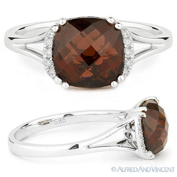 3.00ct Checkerboard Cushion Garnet & Round Cut Diamond Promise Ring in 14k White Gold