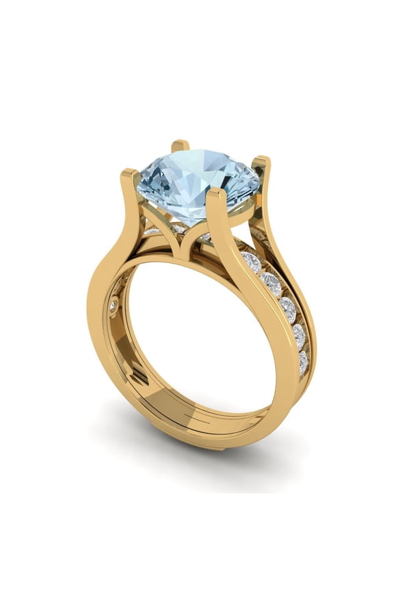 3.02 ct brilliant round cut blue Zircon 14k yellow gold solitaire with accents wedding Engagement Bridal Wedding Ring Band Set ring band set size 11