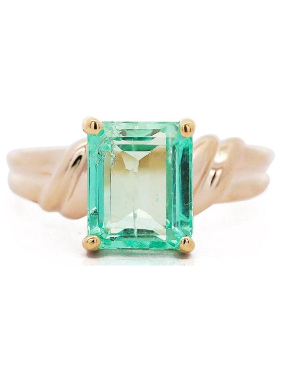3.04 Carat Emerald Cut Emerald 14k Yellow Gold Curved Shank Solitaire Ring