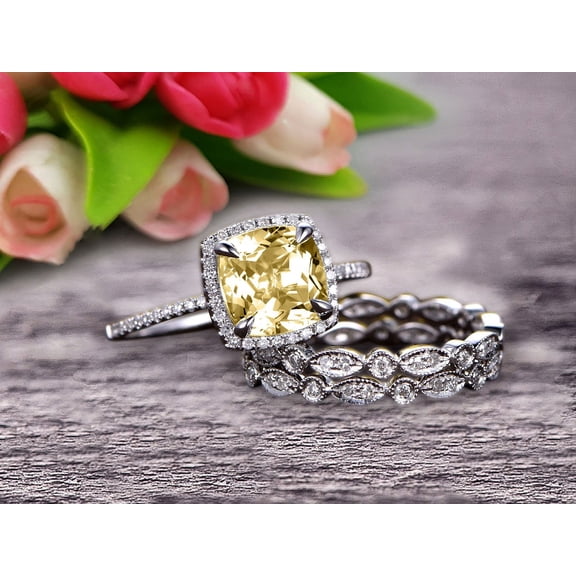 3.05 Carat 7mm Cushion Cut Champagne Diamond Moissanite Bridal Set Engagement Wedding Ring 10k White Gold Full Eternity Art Deco With Two Matching Band