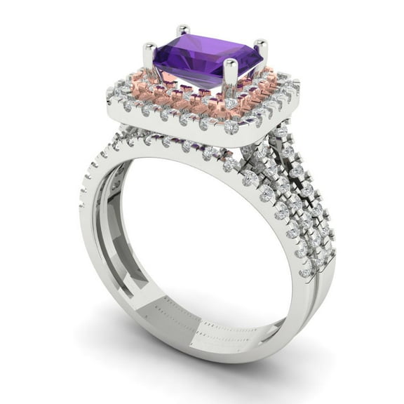 3.05ct Brilliant Emerald Cut Natural Amethyst 18K White/Rose Gold Halo Solitaire with Accents Engagement Bridal Wedding Ring Band Set size 9.25