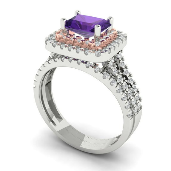 3.05ct Brilliant Emerald Cut Natural Amethyst 18K White/Rose Gold Halo Solitaire with Accents Engagement Bridal Wedding Ring Band Set size 9