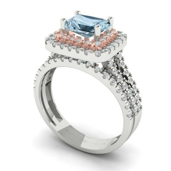 3.05ct Brilliant Emerald Cut Natural Aquamarine 18K White/Rose Gold Halo Solitaire with Accents Engagement Bridal Wedding Ring Band Set size 4