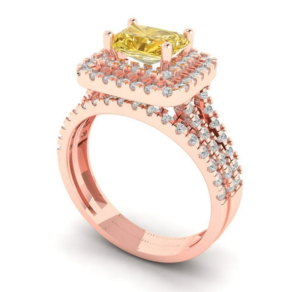 3.05ct Brilliant Emerald Cut Natural Citrine 14K Rose Gold Halo Solitaire with Accents Engagement Bridal Wedding Ring Band Set size 4.25