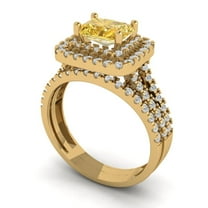 3.05ct Brilliant Emerald Cut Natural Citrine 14K Yellow Gold Halo Solitaire with Accents Engagement Bridal Wedding Ring Band Set size 6.25