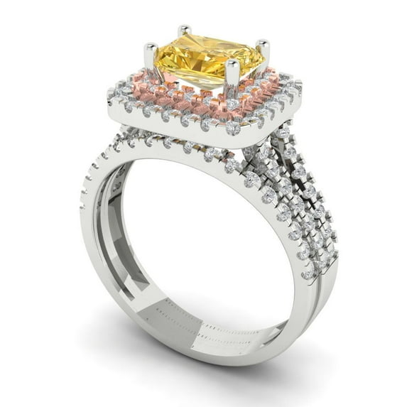 3.05ct Brilliant Emerald Cut Natural Citrine 18K White/Rose Gold Halo Solitaire with Accents Engagement Bridal Wedding Ring Band Set size 8.25