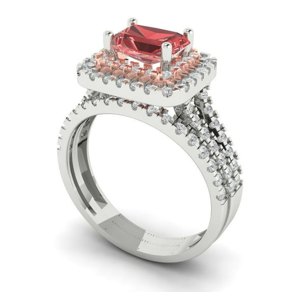3.05ct Brilliant Emerald Cut Natural Garnet 18K White/Rose Gold Halo Solitaire with Accents Engagement Bridal Wedding Ring Band Set size 8.25