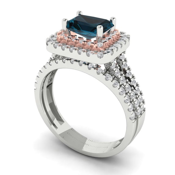 3.05ct Brilliant Emerald Cut Natural London Blue Topaz 14k White/Rose Gold Halo Solitaire with Accents Engagement Bridal Wedding Ring Band Set size 7.75