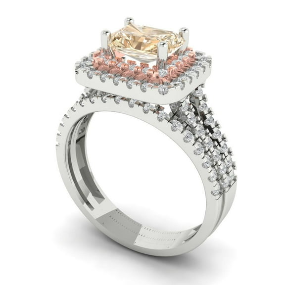 3.05ct Brilliant Emerald Cut Natural Morganite 18K White/Rose Gold Halo Solitaire with Accents Engagement Bridal Wedding Ring Band Set size 3.5