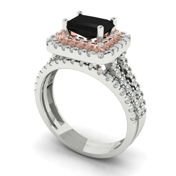 3.05ct Brilliant Emerald Cut Natural Onyx 14k White/Rose Gold Halo Solitaire with Accents Engagement Bridal Wedding Ring Band Set size 4.25