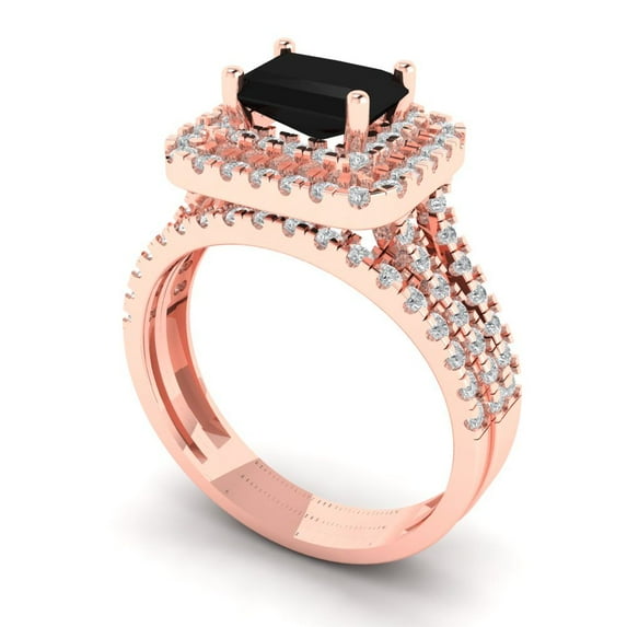 3.05ct Brilliant Emerald Cut Natural Onyx 18K Rose Gold Halo Solitaire with Accents Engagement Bridal Wedding Ring Band Set size 5.25